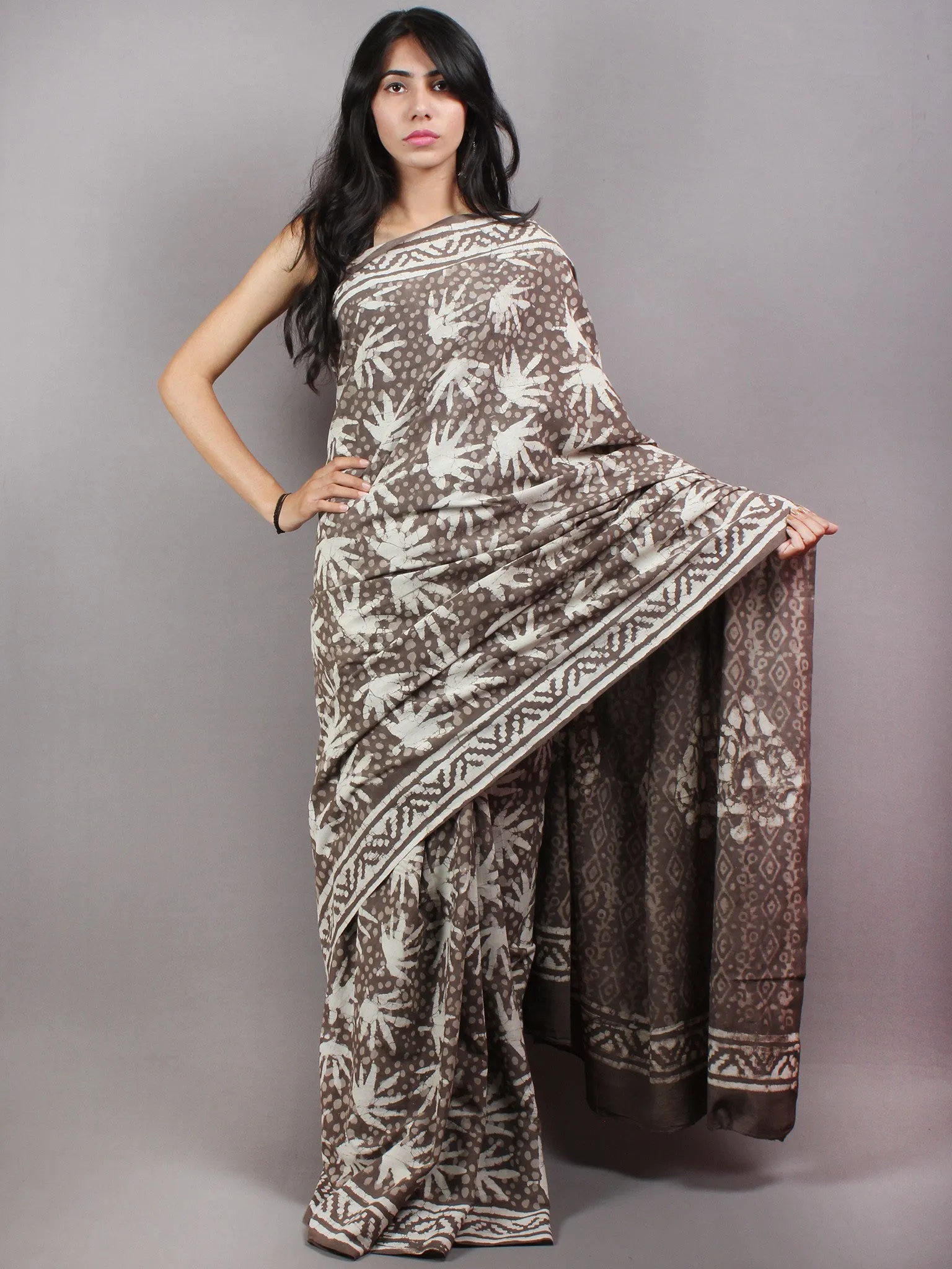 Brown Beige Ivory Hand Block Printed in Natural Colors Cotton Mul Saree - S03170631