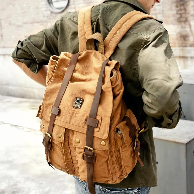 Brown CANVAS Mens Fashion Khaki 16'' Large Travel Bag College Backpack Hiking Backpack For Men