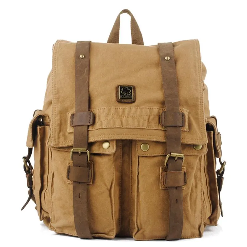 Brown CANVAS Mens Fashion Khaki 16'' Large Travel Bag College Backpack Hiking Backpack For Men