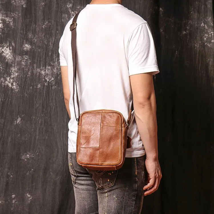 Brown Leather Vertical Messenger Bag Men's Small Side Bag Mini Phone Bag Courier Bag For Men