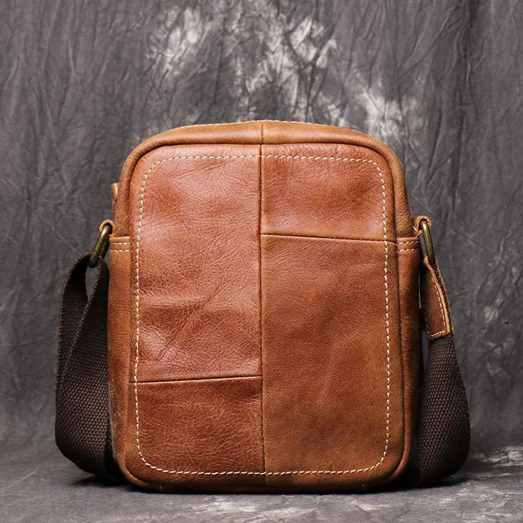 Brown Leather Vertical Messenger Bag Men's Small Side Bag Mini Phone Bag Courier Bag For Men