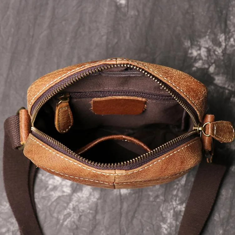 Brown Leather Vertical Messenger Bag Men's Small Side Bag Mini Phone Bag Courier Bag For Men