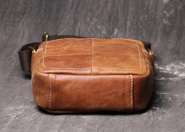 Brown Leather Vertical Messenger Bag Men's Small Side Bag Mini Phone Bag Courier Bag For Men