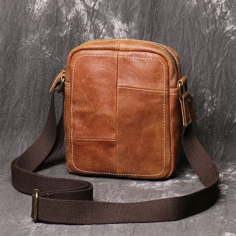 Brown Leather Vertical Messenger Bag Men's Small Side Bag Mini Phone Bag Courier Bag For Men