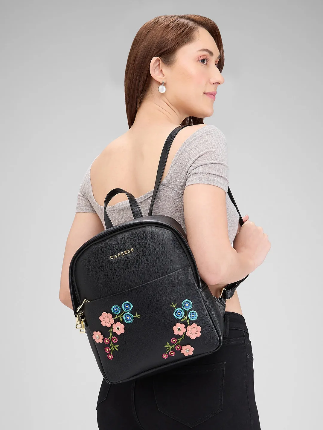 Caprese Erica Fashion Backpack Embroidery Medium Black