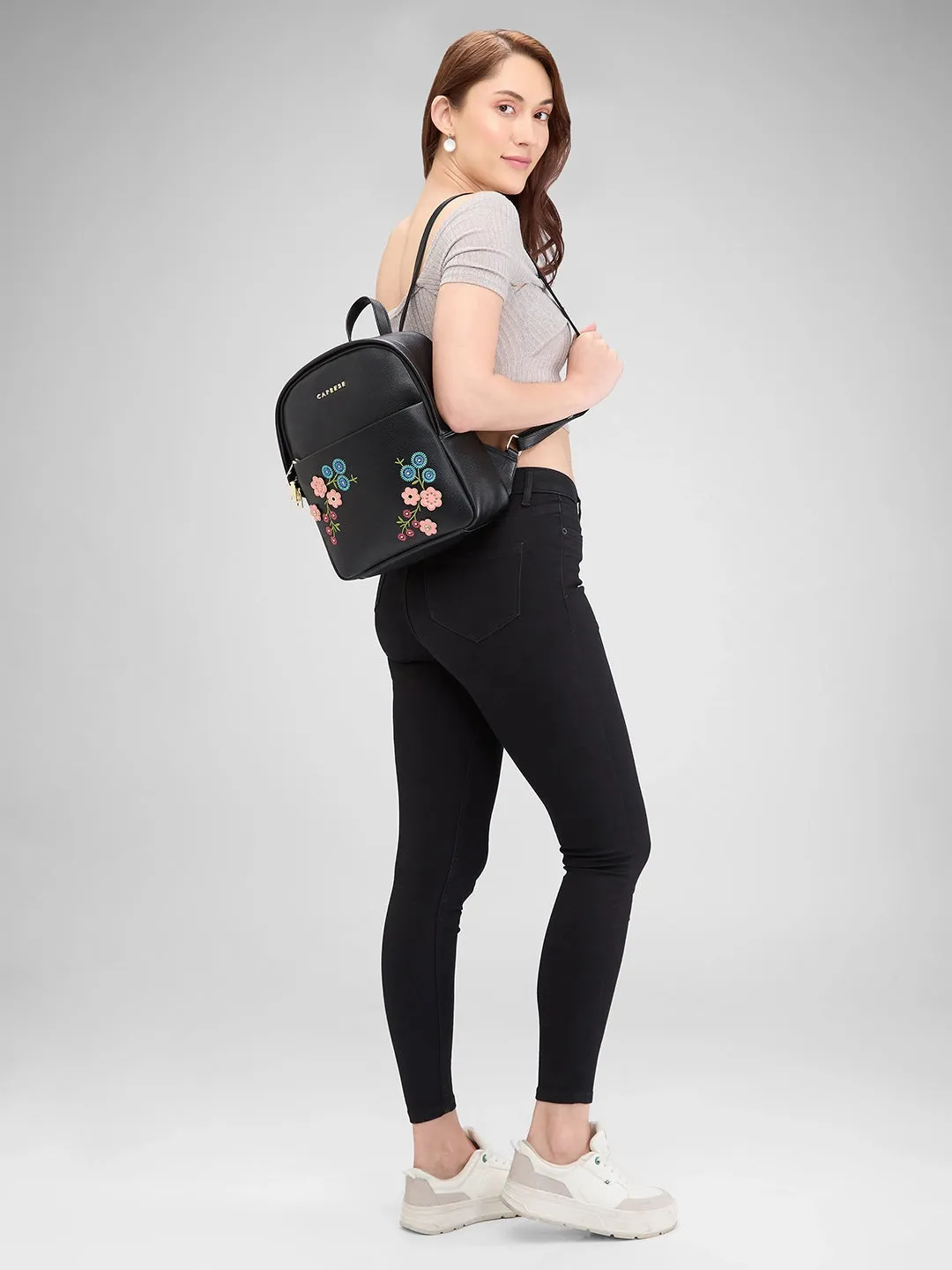 Caprese Erica Fashion Backpack Embroidery Medium Black