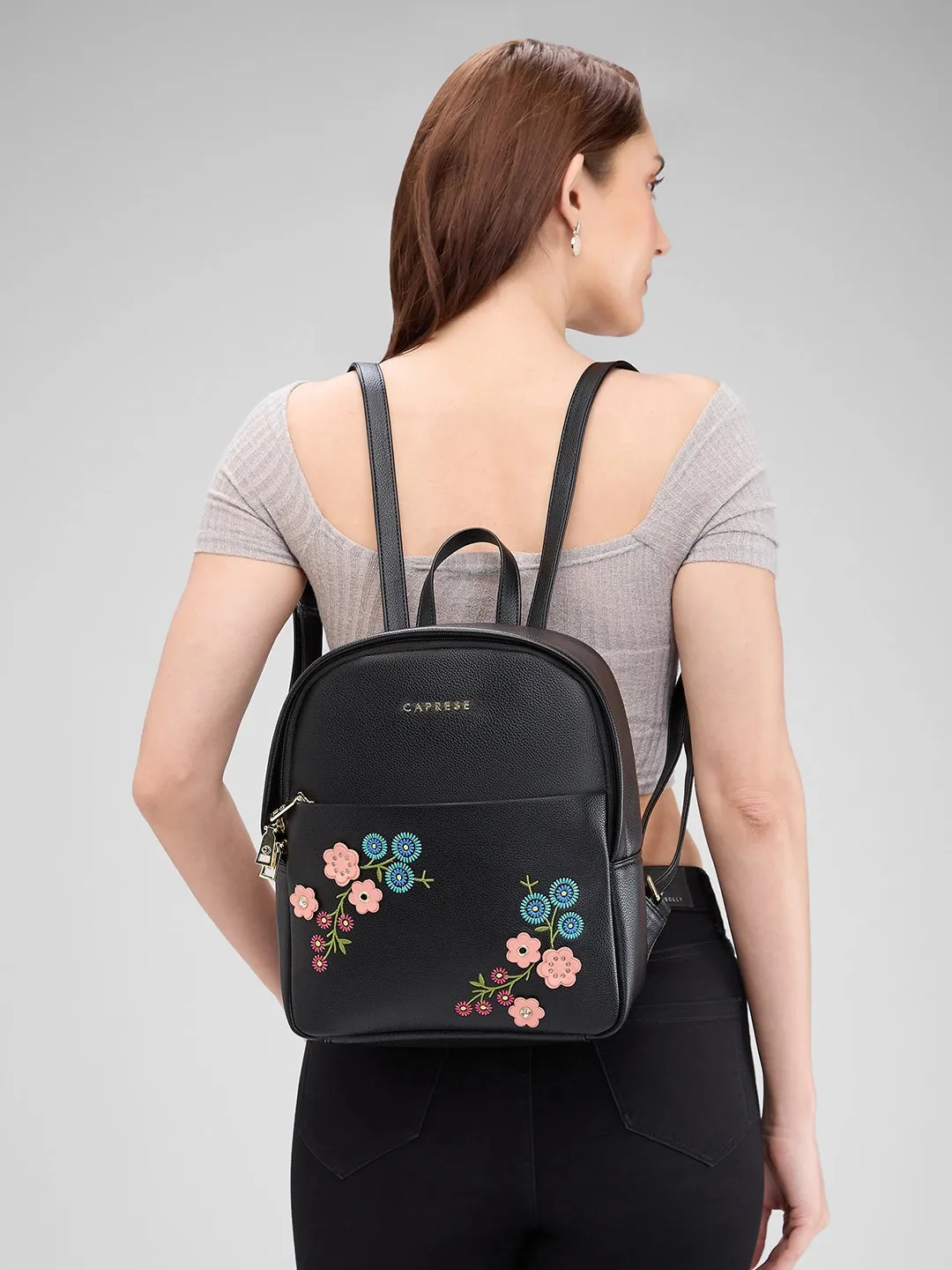 Caprese Erica Fashion Backpack Embroidery Medium Black