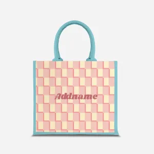 Checkered Series Half Lining Jute Bag - Pink Light Blue