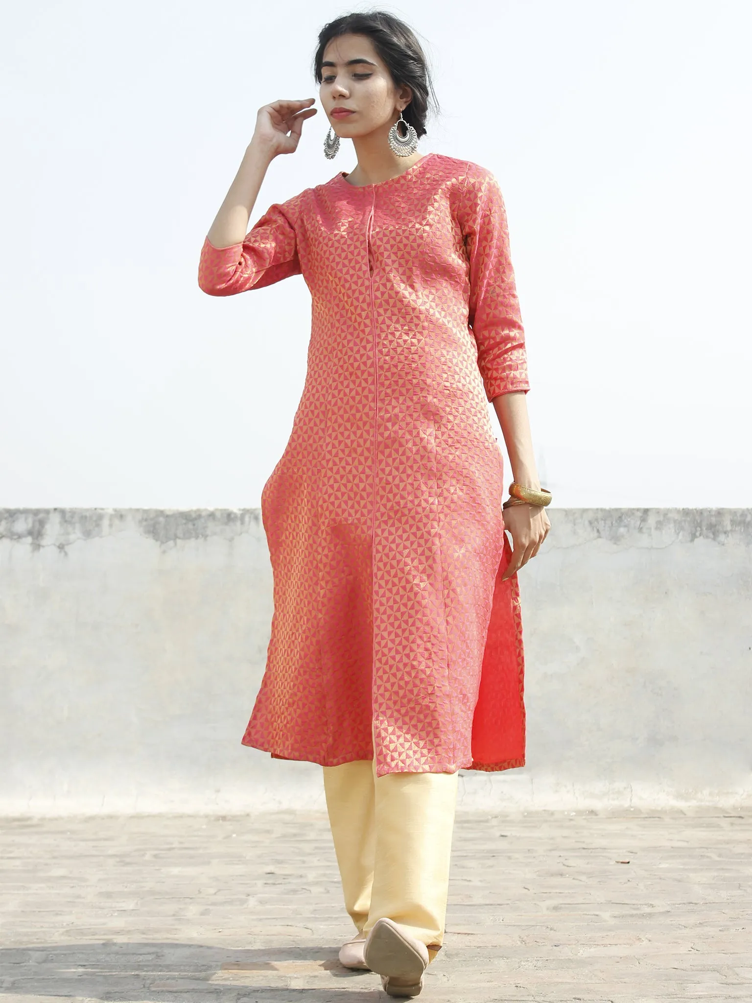 Coral Golden Brocade Princess Line Kurta With Front Slit - 125F001