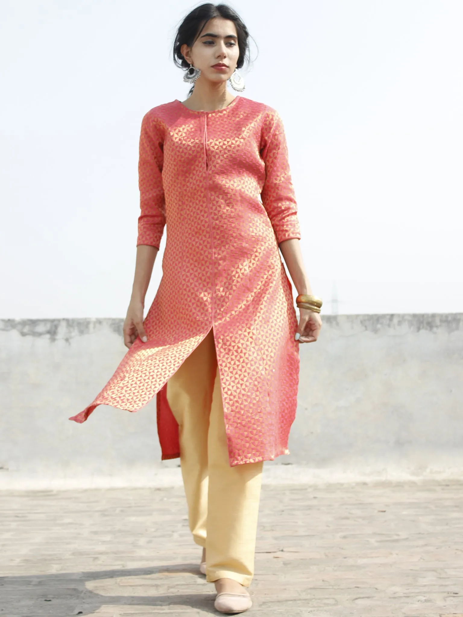 Coral Golden Brocade Princess Line Kurta With Front Slit - 125F001