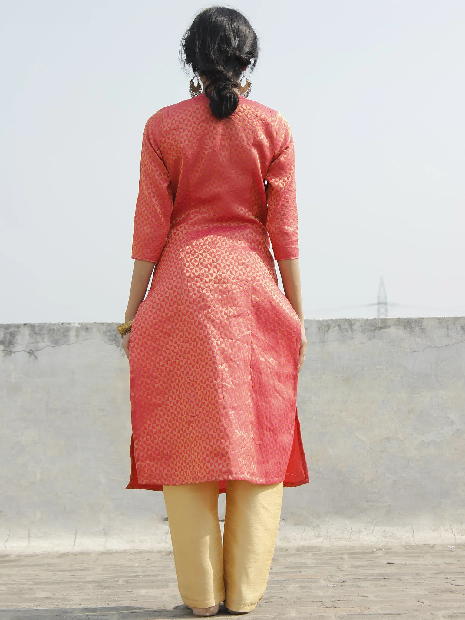 Coral Golden Brocade Princess Line Kurta With Front Slit - 125F001