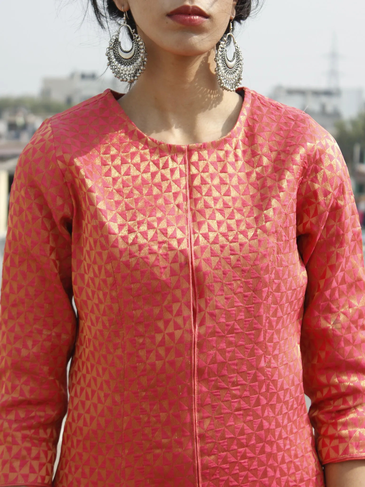 Coral Golden Brocade Princess Line Kurta With Front Slit - 125F001