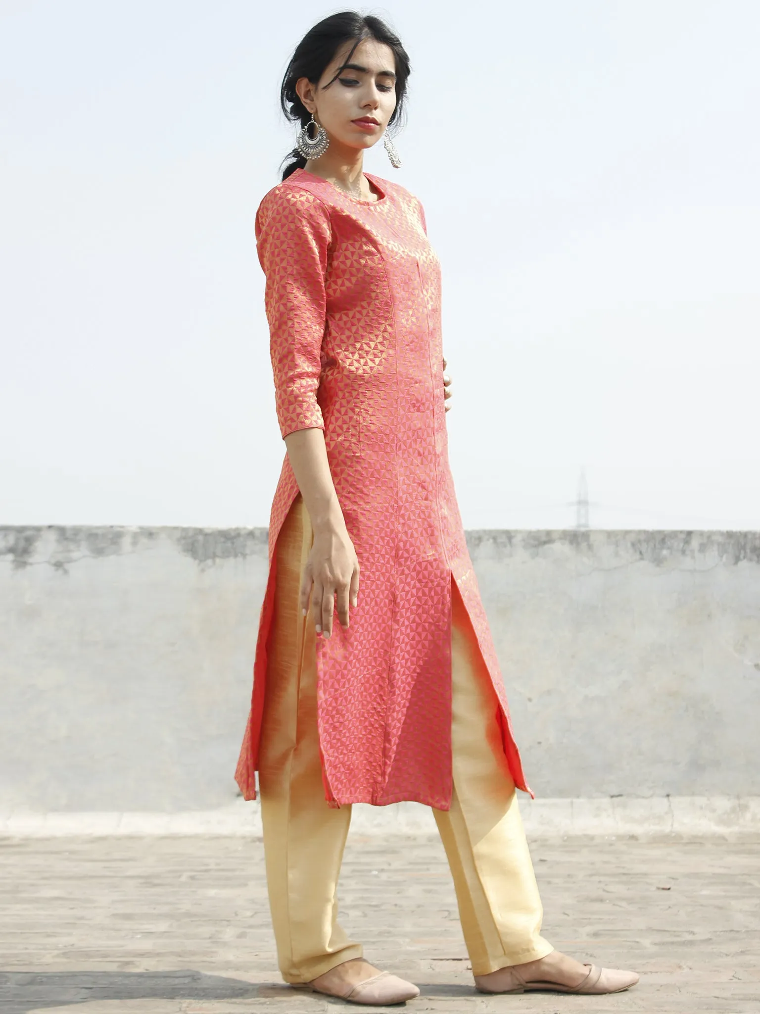 Coral Golden Brocade Princess Line Kurta With Front Slit - 125F001