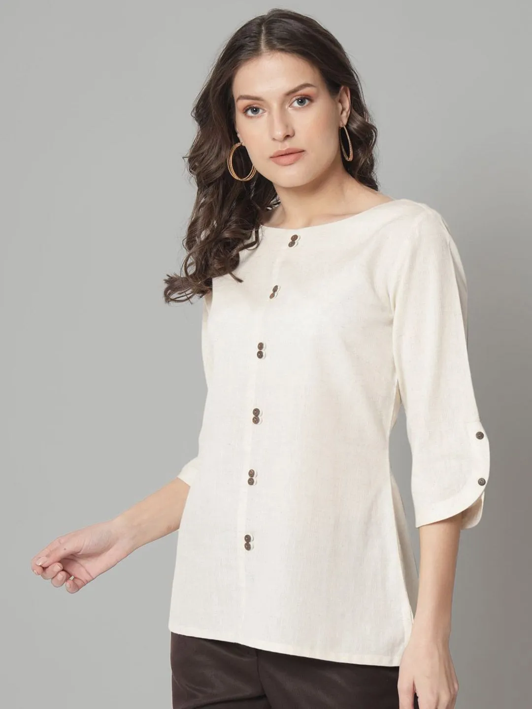 Cotton Loops and Button Detailed Regular FIt Top- Beige