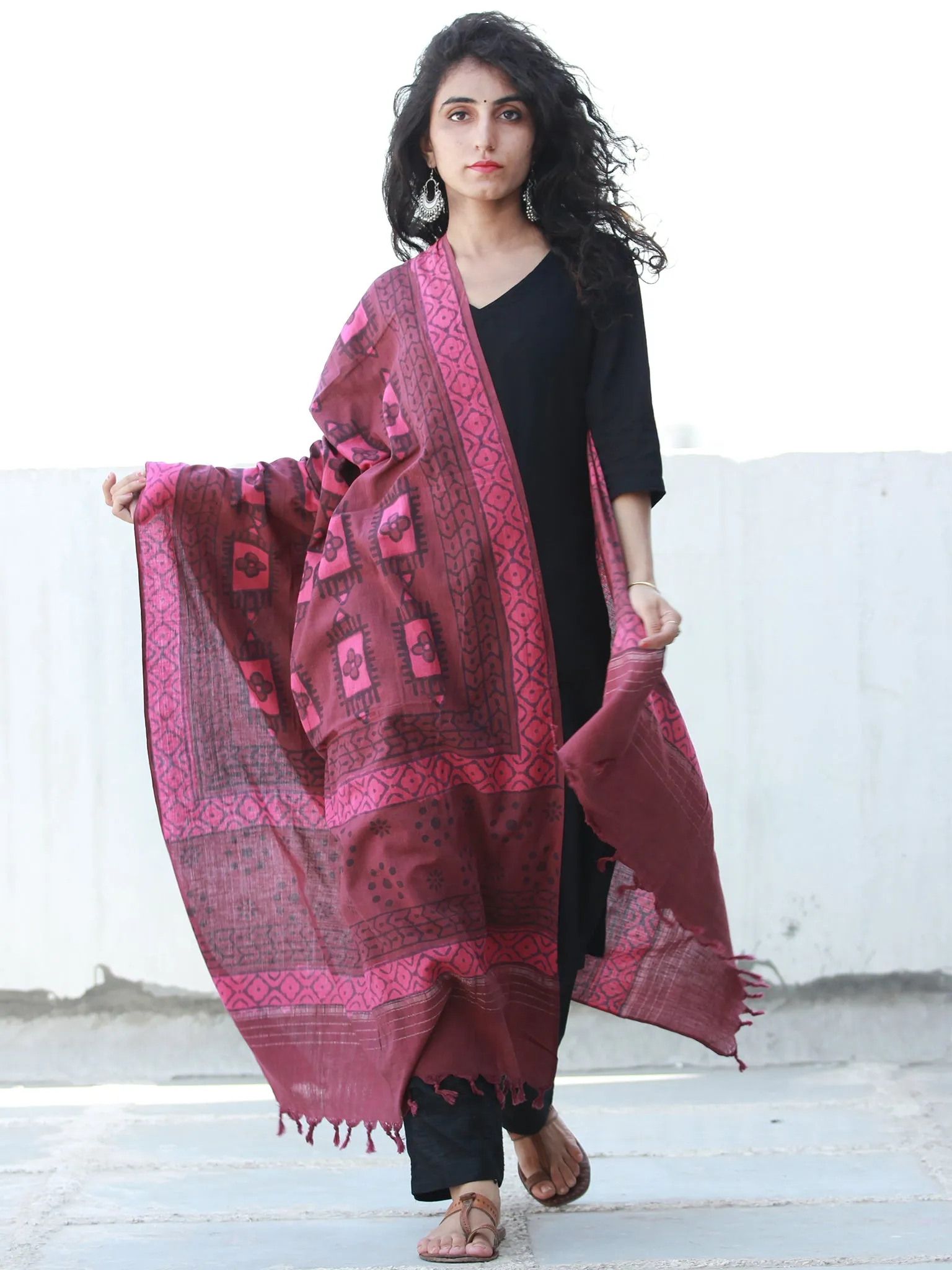 Crimson Red Pink Cotton Hand Block Printed Dupatta  - D04170467