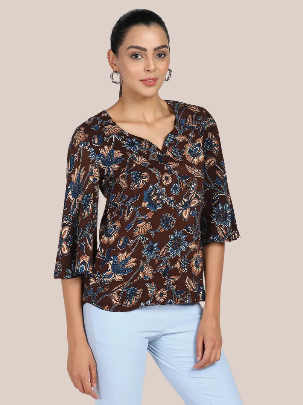 Floral Cotton Top - Brown & Blue