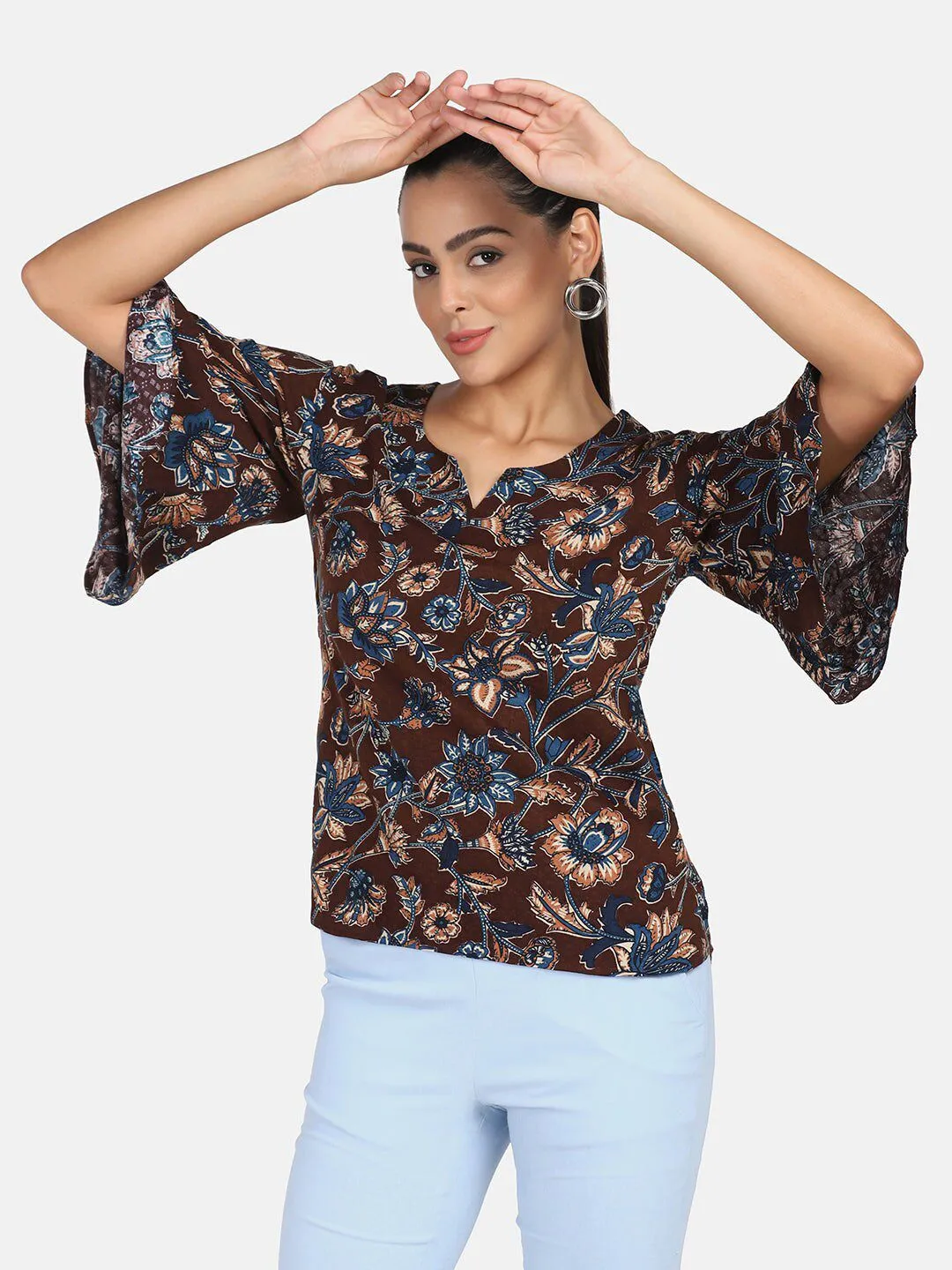 Floral Cotton Top - Brown & Blue