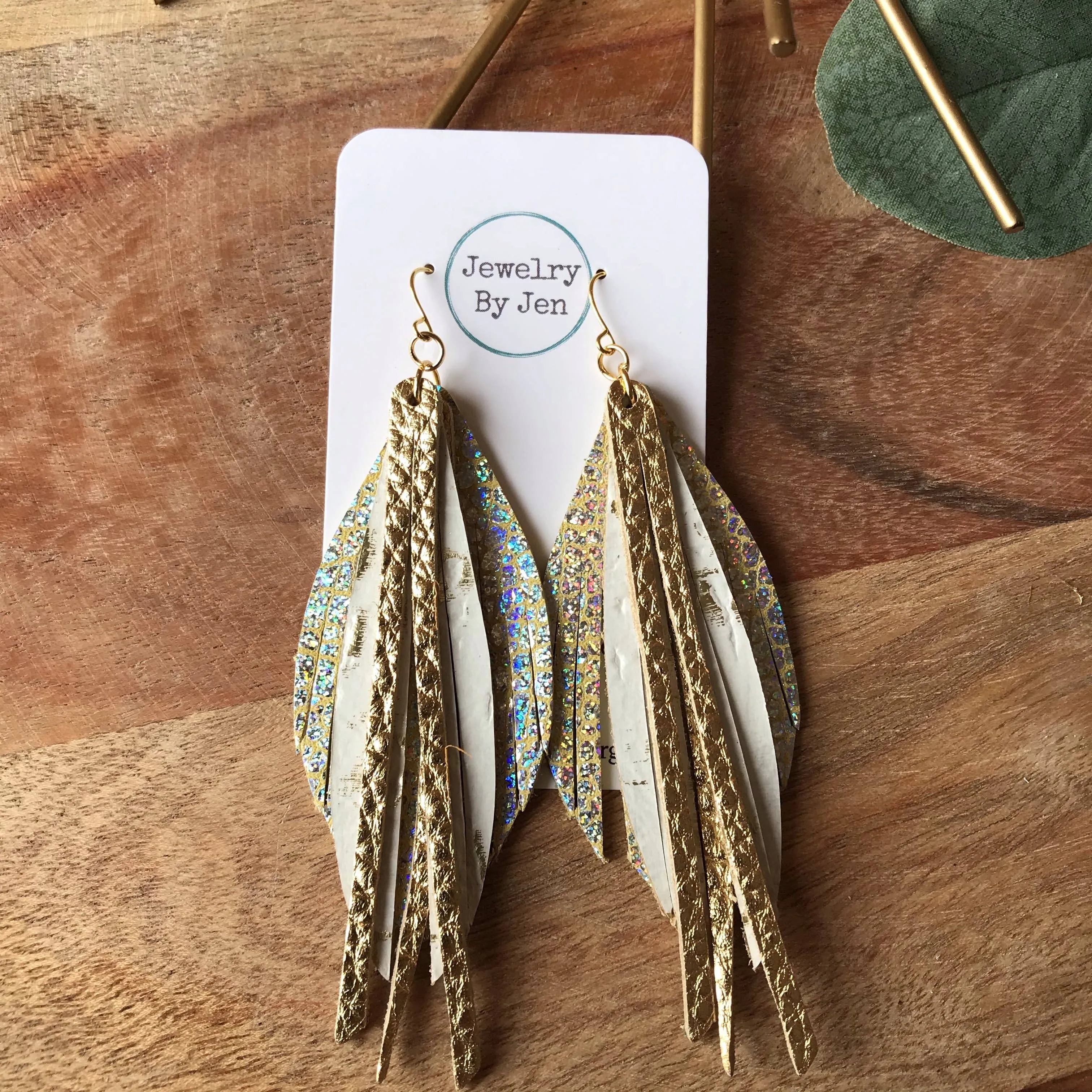 Fringe Earrings - Holographic Crackle, White Wildwood & Gold