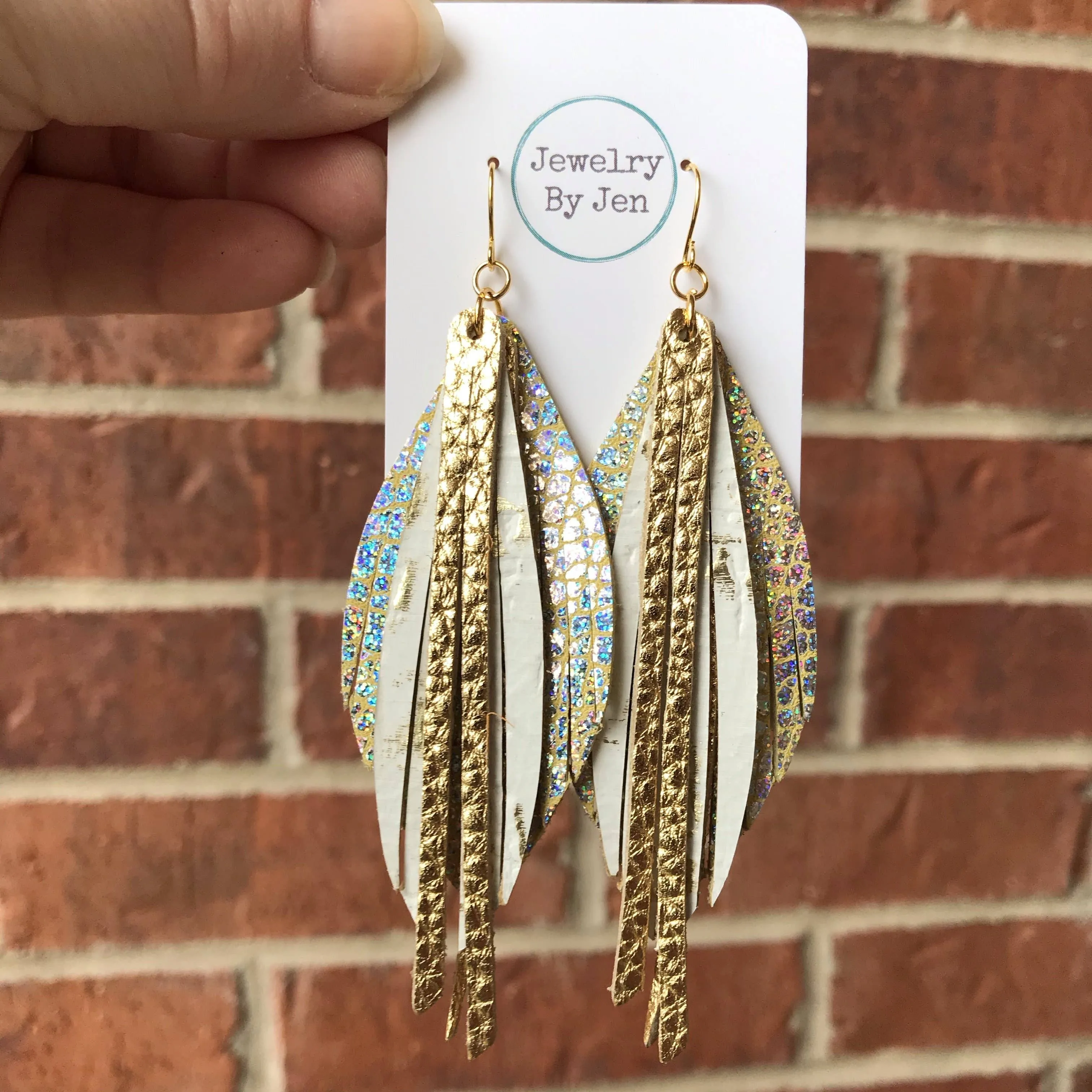 Fringe Earrings - Holographic Crackle, White Wildwood & Gold