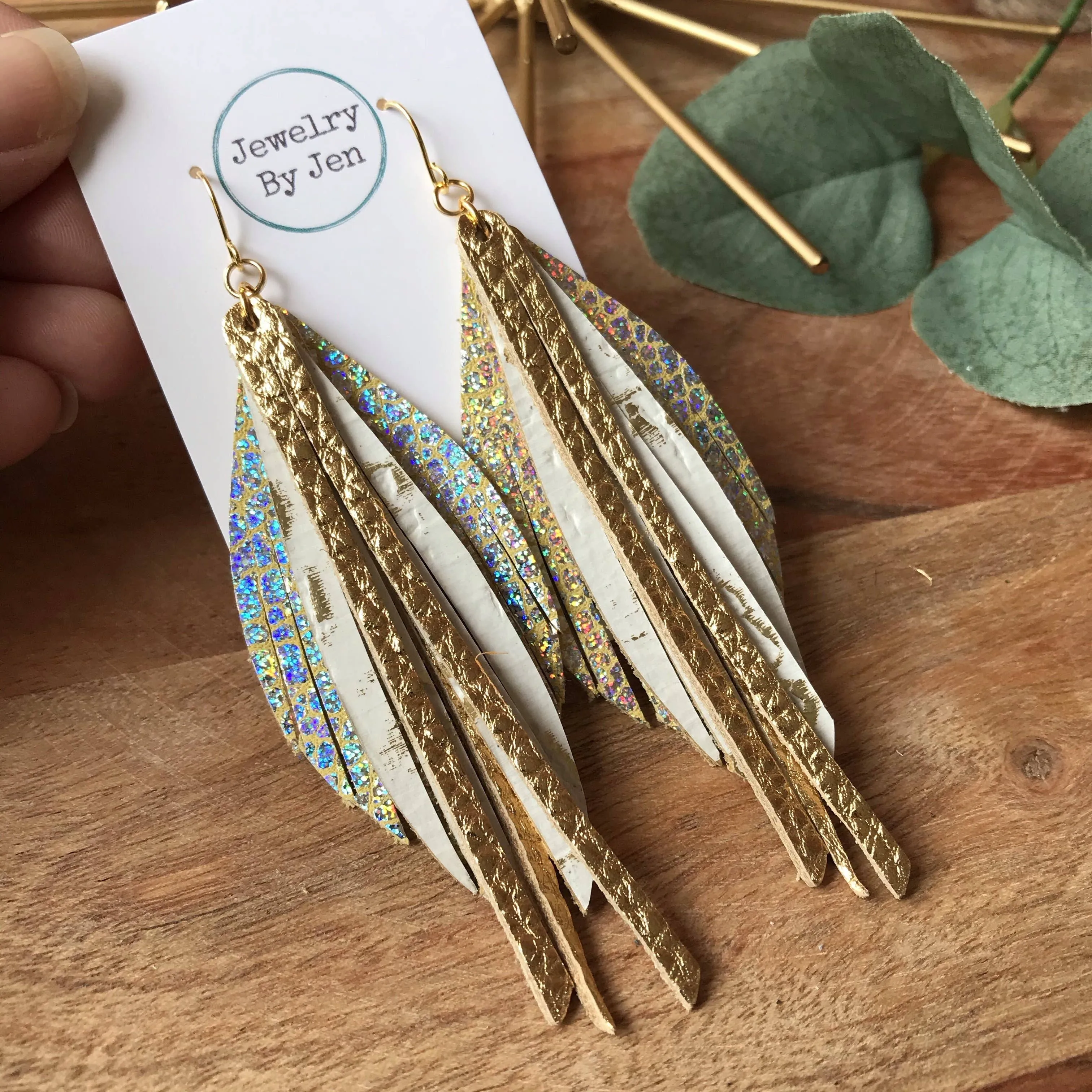 Fringe Earrings - Holographic Crackle, White Wildwood & Gold