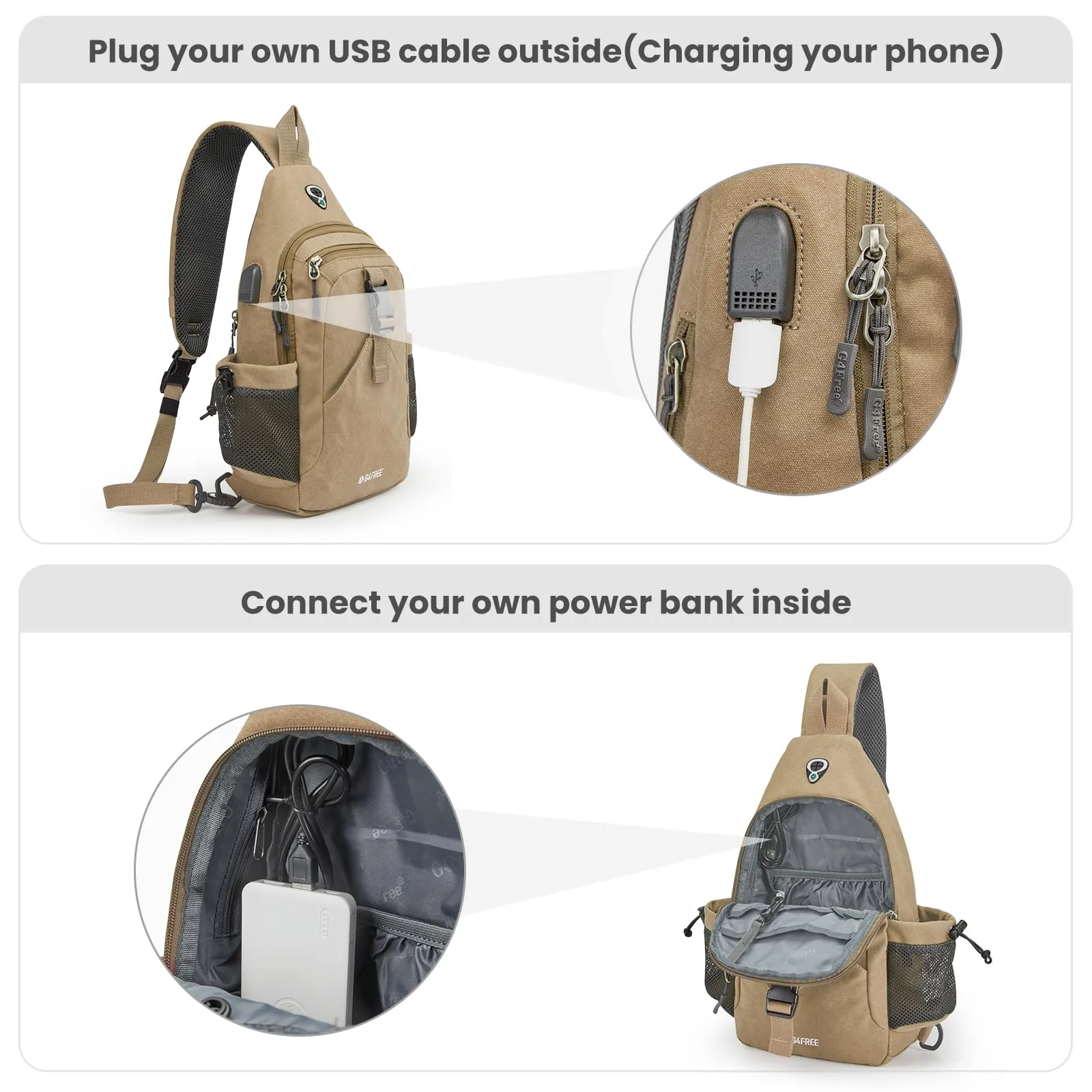 G4Free Canvas Sling Bag Crossbody Backpack with USB Charging Port & RFID Blocking