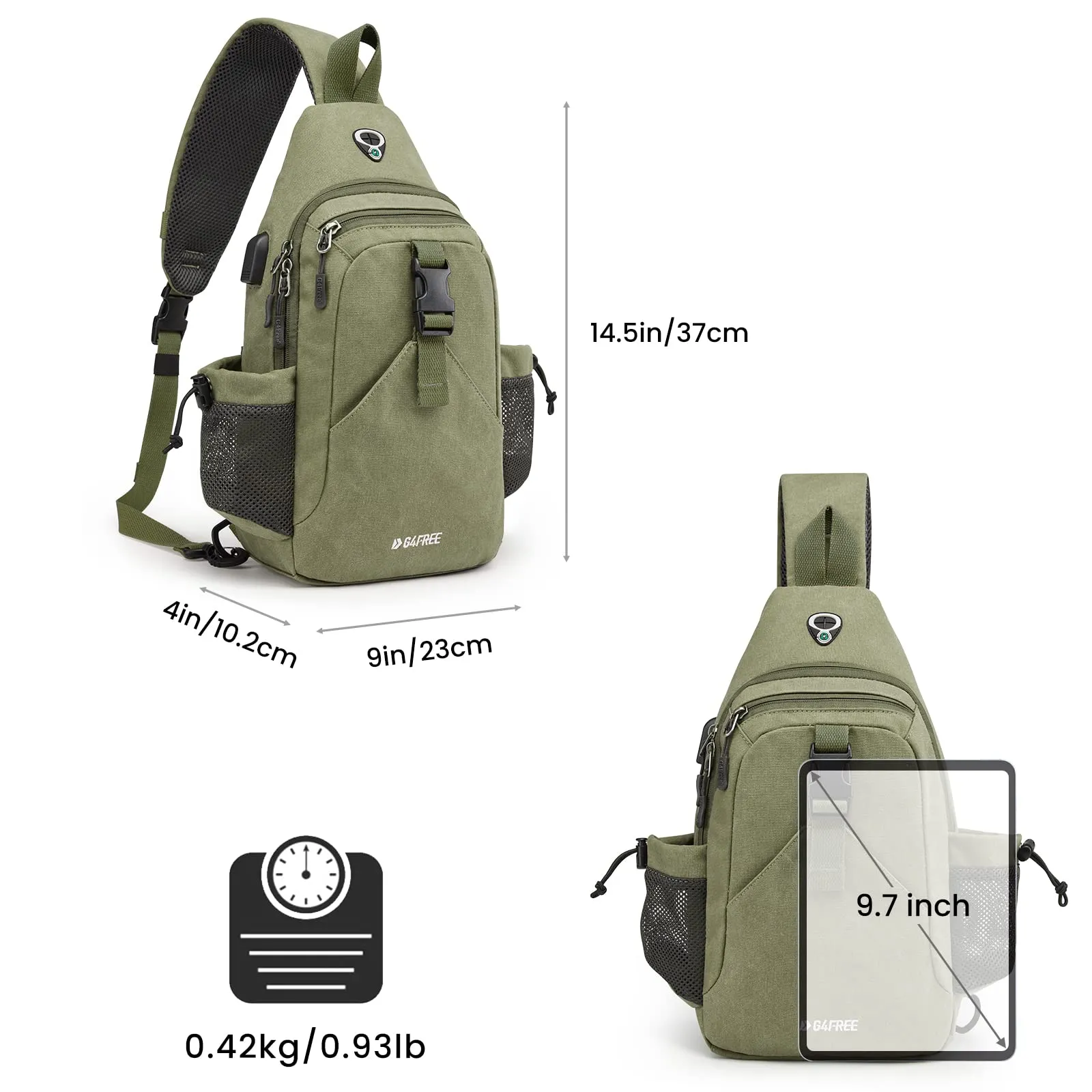 G4Free Canvas Sling Bag Crossbody Backpack with USB Charging Port & RFID Blocking