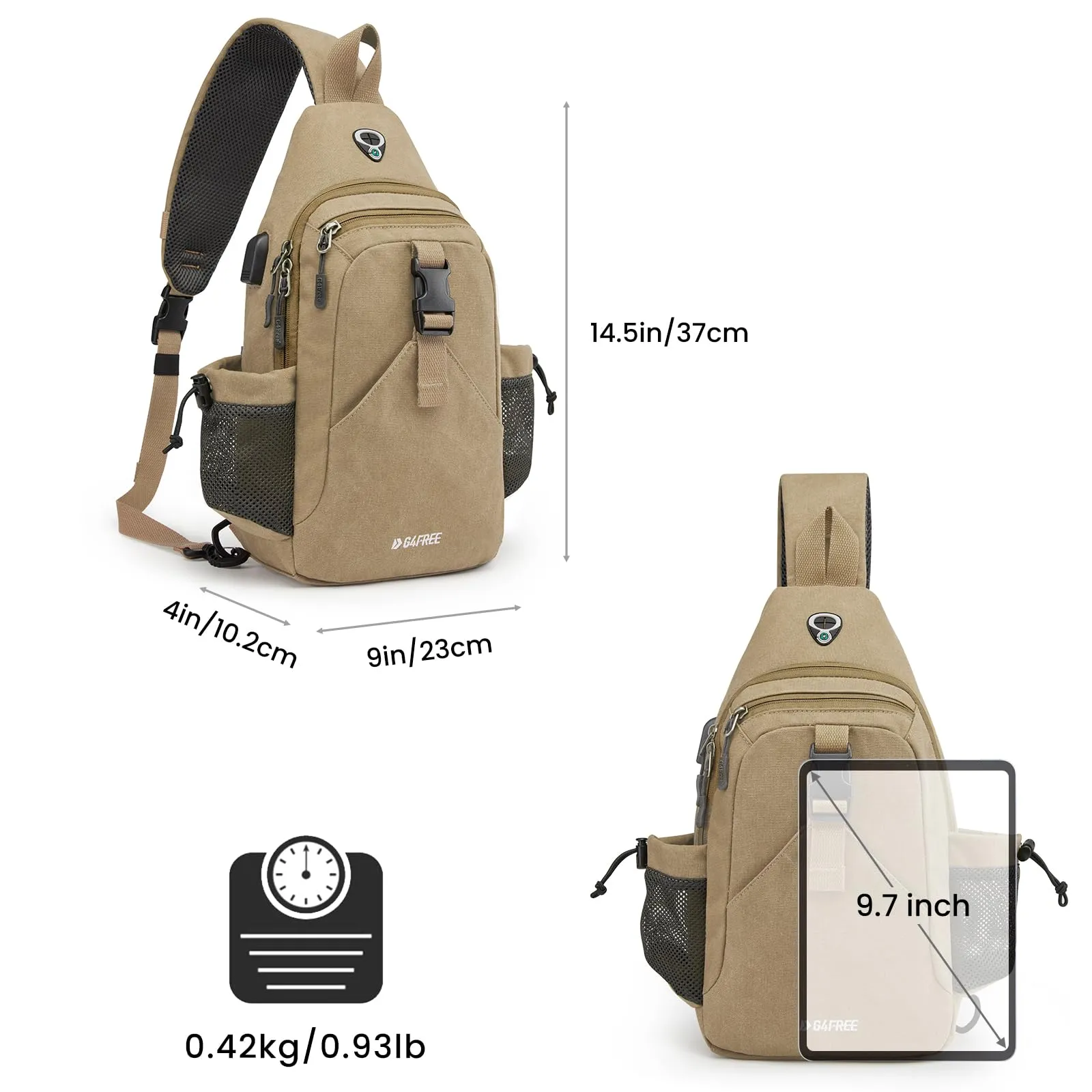 G4Free Canvas Sling Bag Crossbody Backpack with USB Charging Port & RFID Blocking