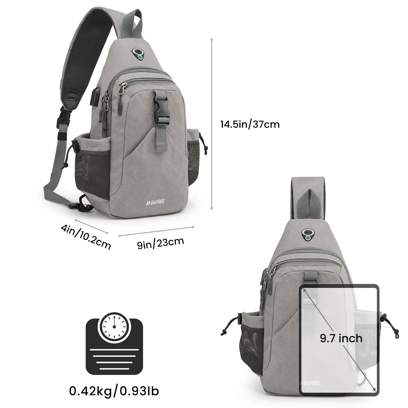 G4Free Canvas Sling Bag Crossbody Backpack with USB Charging Port & RFID Blocking