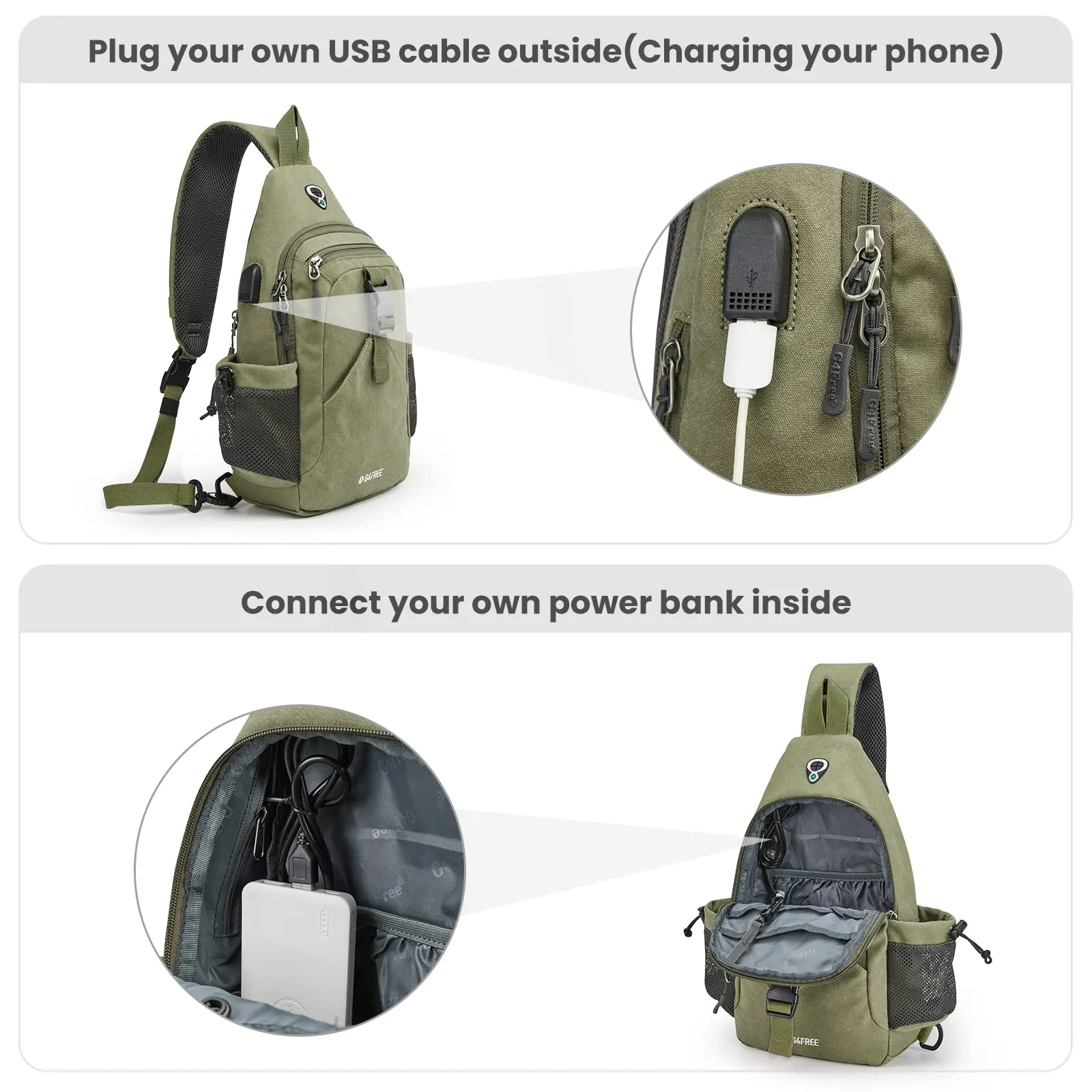 G4Free Canvas Sling Bag Crossbody Backpack with USB Charging Port & RFID Blocking