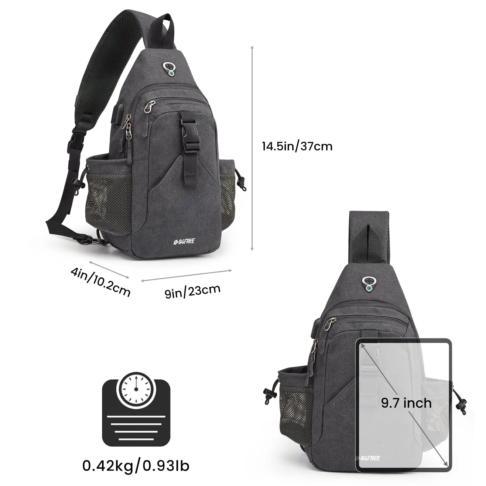 G4Free Canvas Sling Bag Crossbody Backpack with USB Charging Port & RFID Blocking