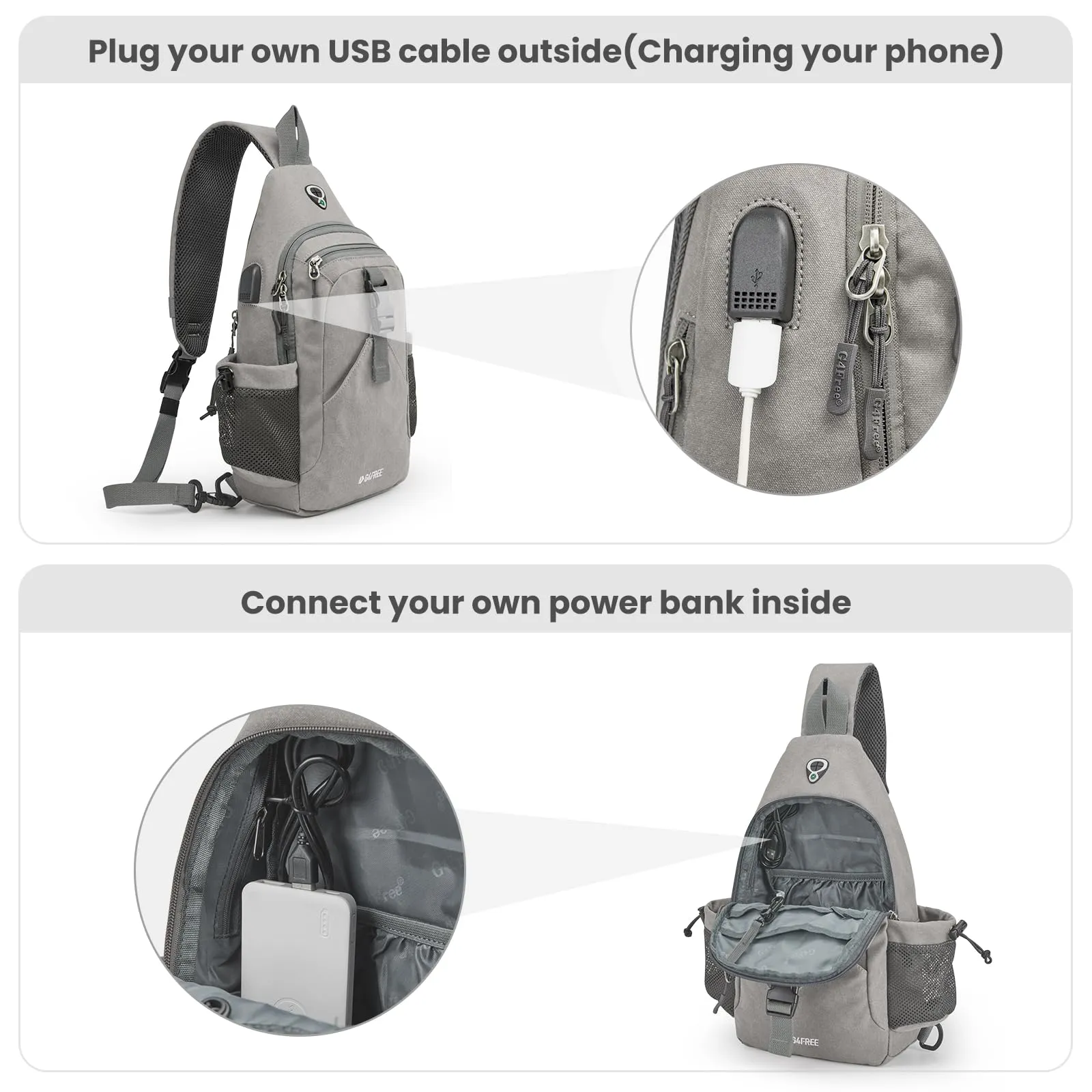 G4Free Canvas Sling Bag Crossbody Backpack with USB Charging Port & RFID Blocking