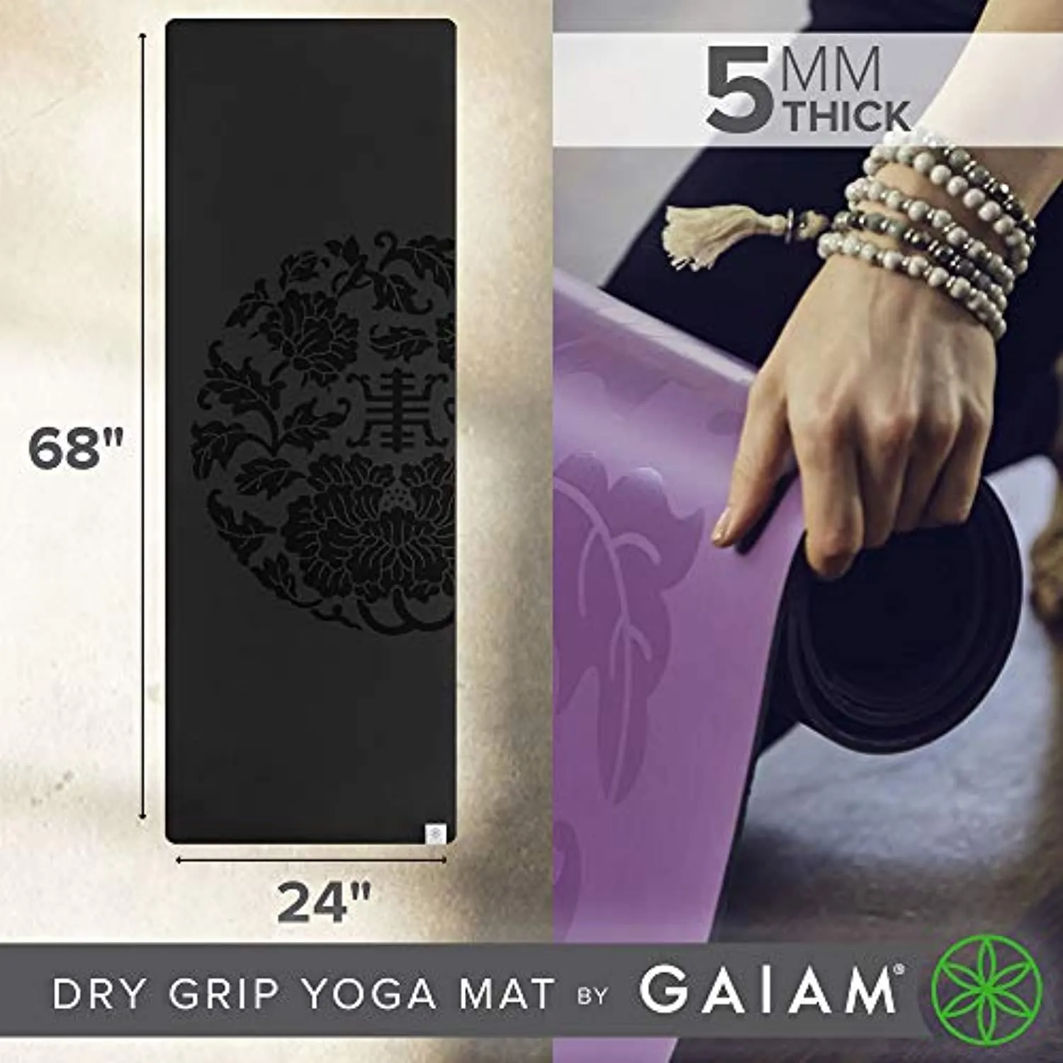 Gaiam Yoga Mat - Premium 5mm Dry-Grip Thick Non Slip Exercise & Fitness Mat for Hot Yoga, Pilates & Floor Workouts (68" or 78"L x 24" or 26"W x 5mm)