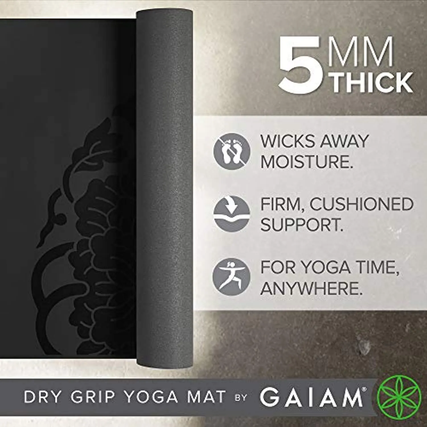 Gaiam Yoga Mat - Premium 5mm Dry-Grip Thick Non Slip Exercise & Fitness Mat for Hot Yoga, Pilates & Floor Workouts (68" or 78"L x 24" or 26"W x 5mm)