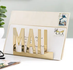 Gold Tone Metal Desktop Mail Holder with MAIL Cutout Design