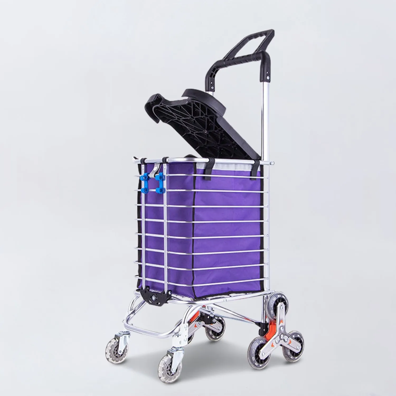 GOMINIMO Foldable Aluminum Shopping Trolley Cart with Wheels and Lids (Purple and Silver)