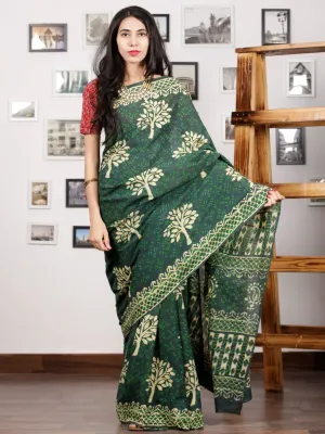 Green Ivory Hand Block Printed Cotton Mul Saree - S031703003