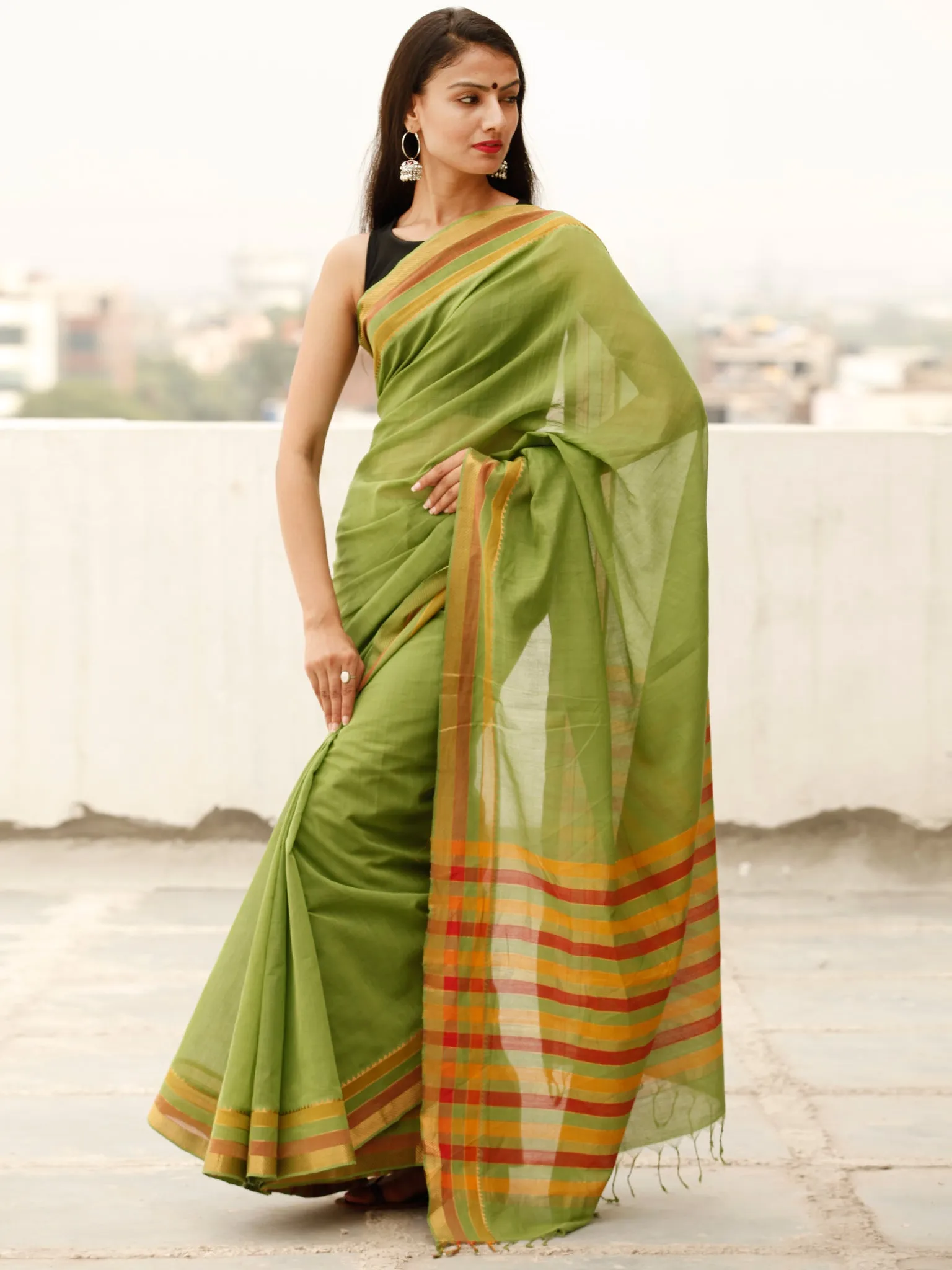 Green Orange Pink Handloom Mangalagiri Cotton Saree With Zari Border - S031703864