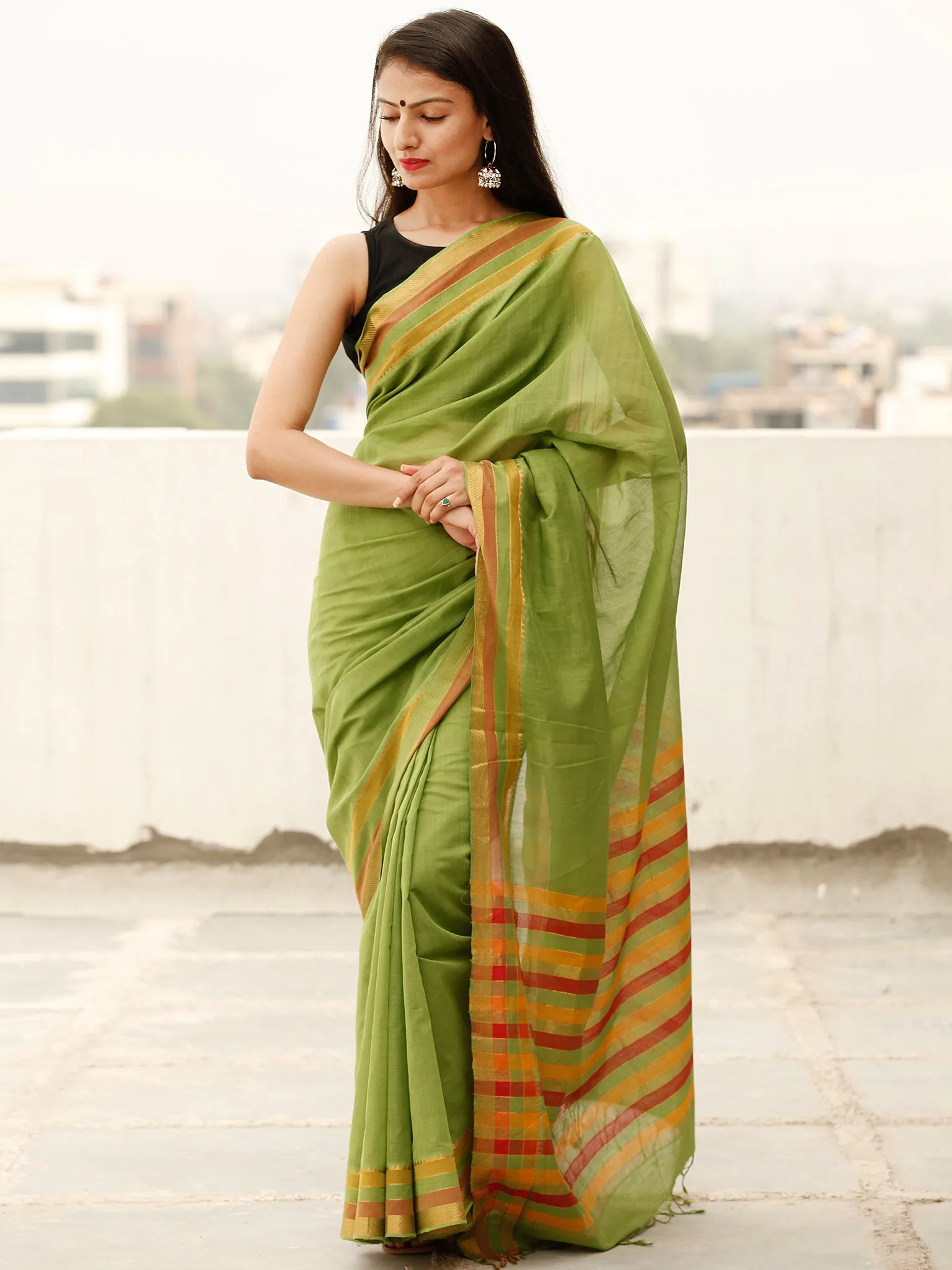 Green Orange Pink Handloom Mangalagiri Cotton Saree With Zari Border - S031703864