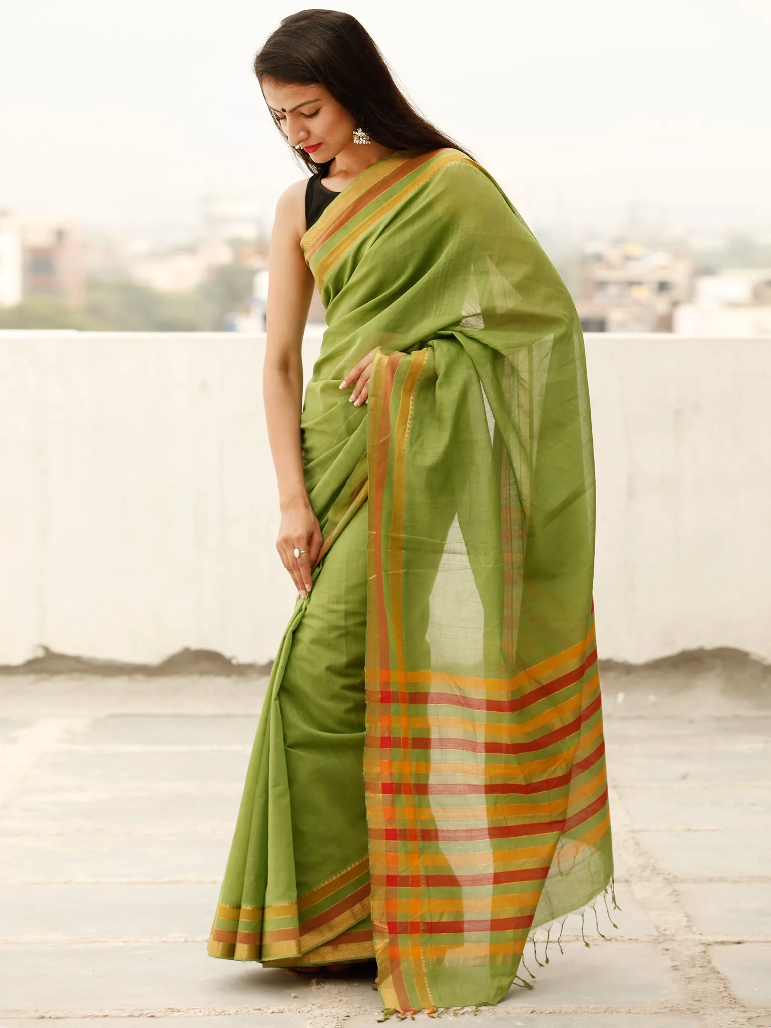 Green Orange Pink Handloom Mangalagiri Cotton Saree With Zari Border - S031703864