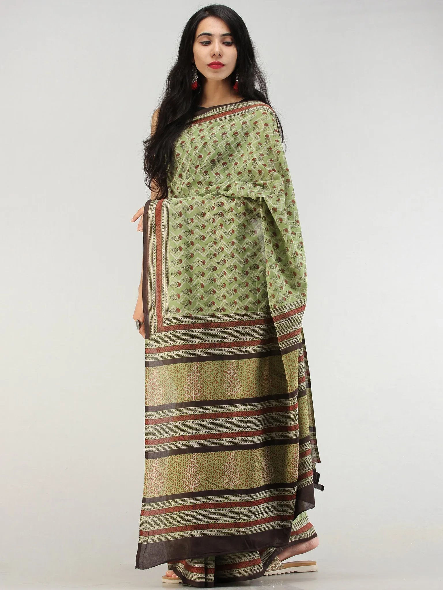 Green Rust Black Hand Block Printed  Cotton Mul Saree - S031704567