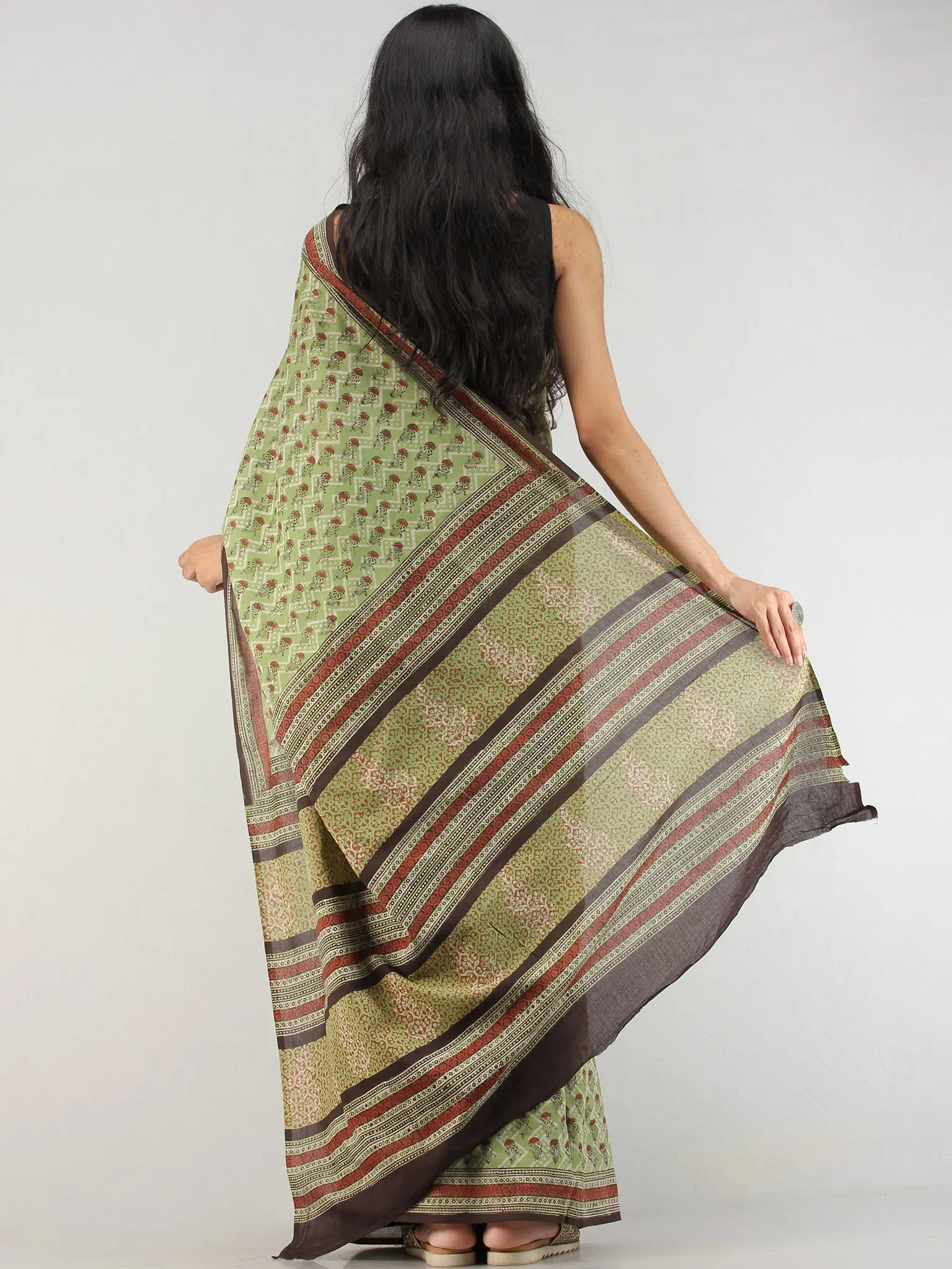 Green Rust Black Hand Block Printed  Cotton Mul Saree - S031704567