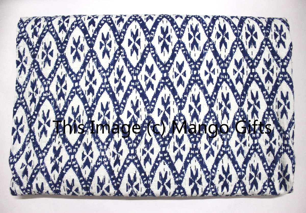 Hand Block Print Ikat Print Kantha 100%Cotton Queen Size Kantha Bedcover Blue