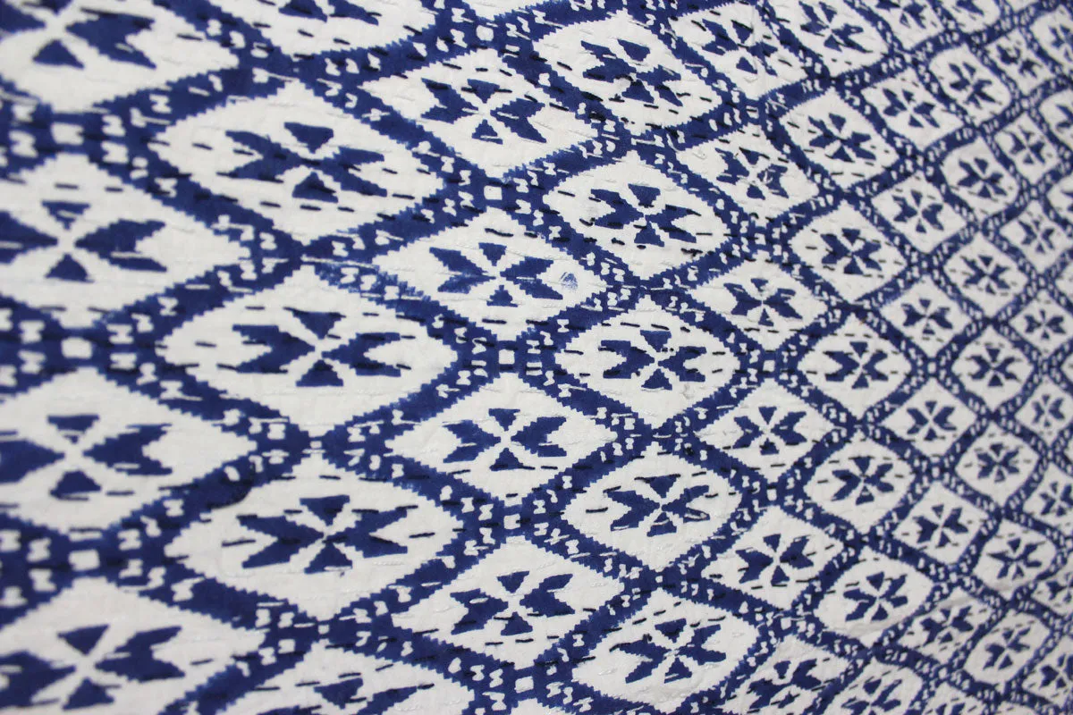 Hand Block Print Ikat Print Kantha 100%Cotton Queen Size Kantha Bedcover Blue