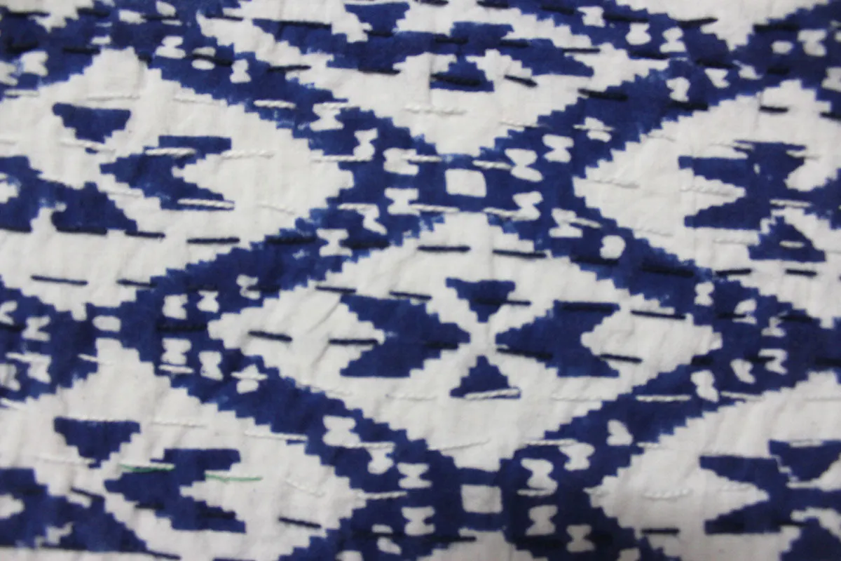 Hand Block Print Ikat Print Kantha 100%Cotton Queen Size Kantha Bedcover Blue