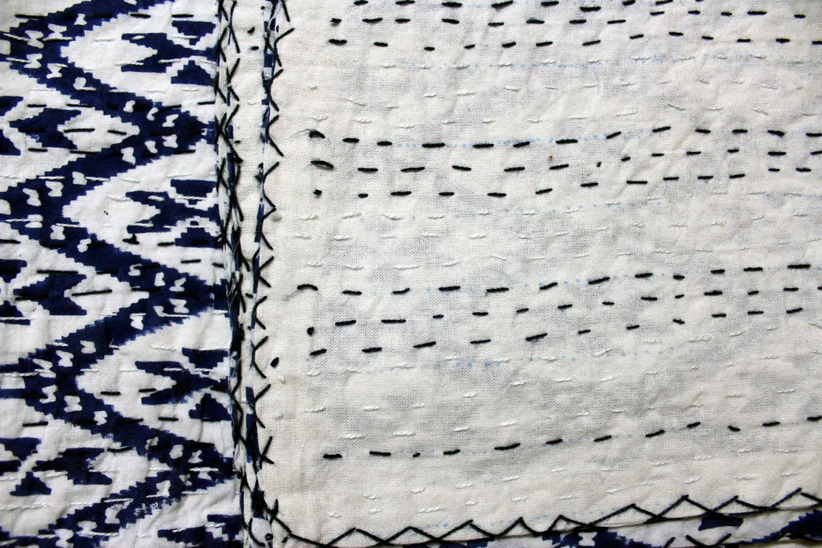 Hand Block Print Ikat Print Kantha 100%Cotton Queen Size Kantha Bedcover Blue