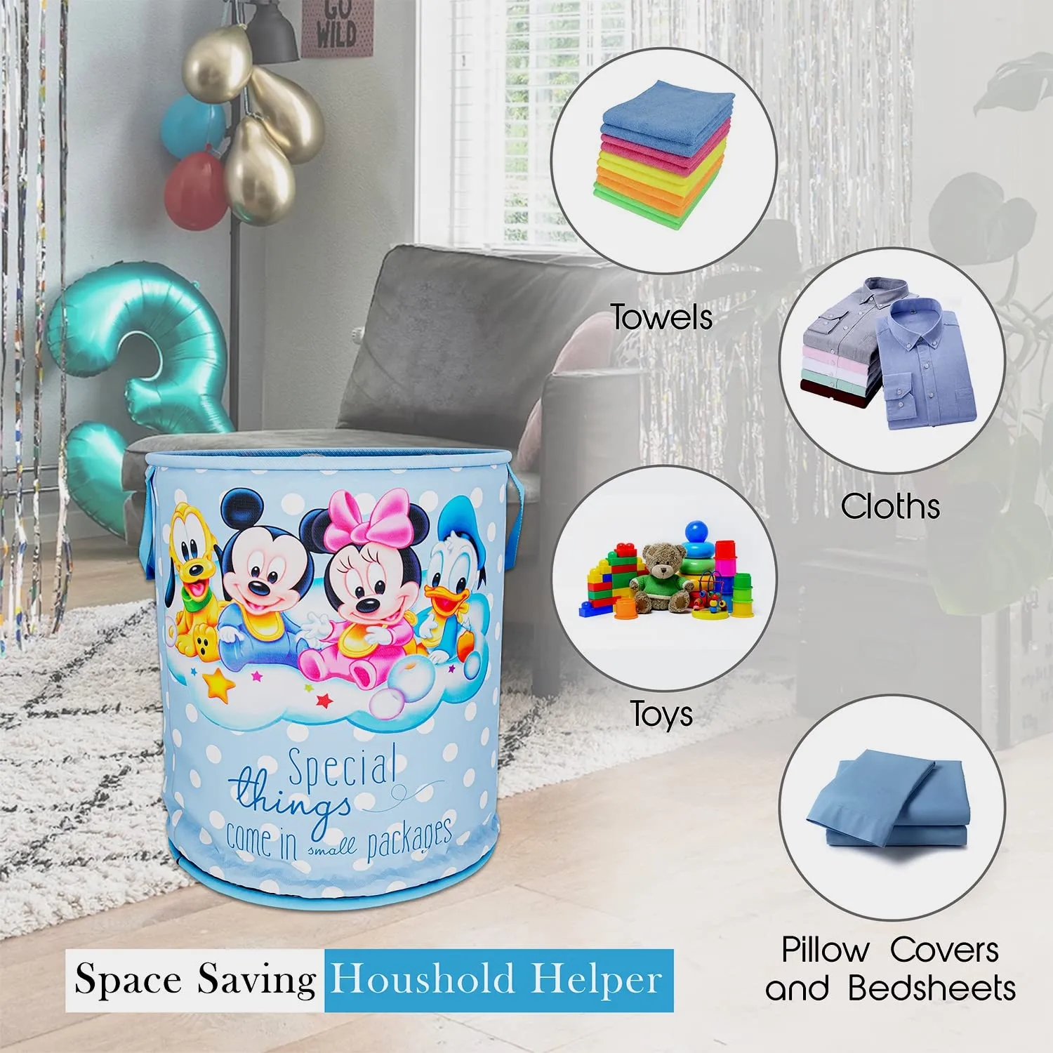 Heart Home Disney Mickey & Team Print Round Laundry Basket|Polyester Clothes Hamper|Waterproof & Foldable Round Laundry Bag with Handle,45 Ltr.(Sky Blue)