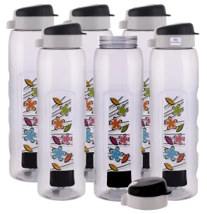 Heart Home Plastic Water Bottle With Sipper- 1 Litre, Pack of 6 (Black)