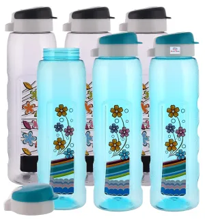 Heart Home Plastic Water Bottle With Sipper- 1 Litre, Pack of 6 (Sky Blue & Grey)