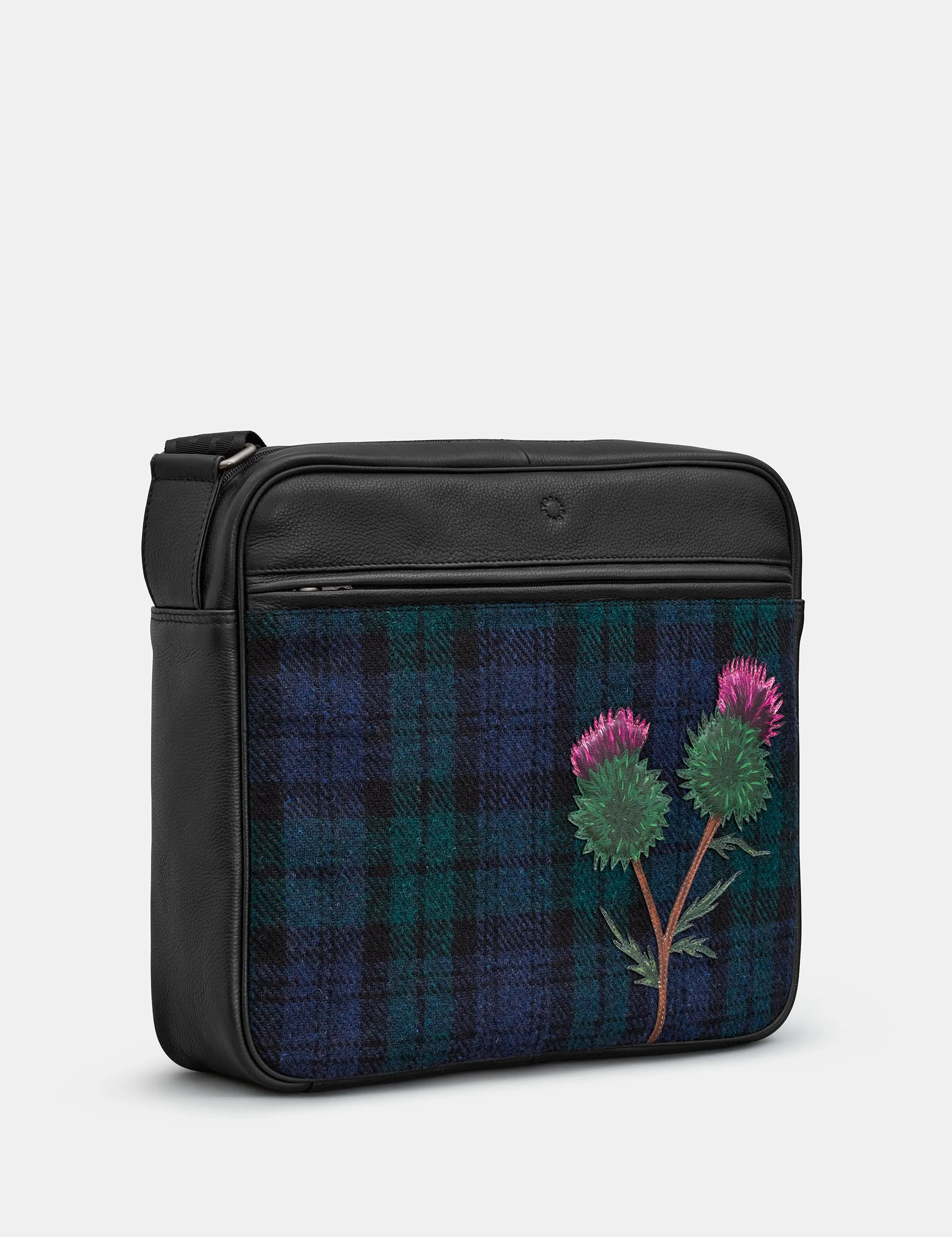 Highland Thistle Harris Tweed & Black Leather Messenger Bag