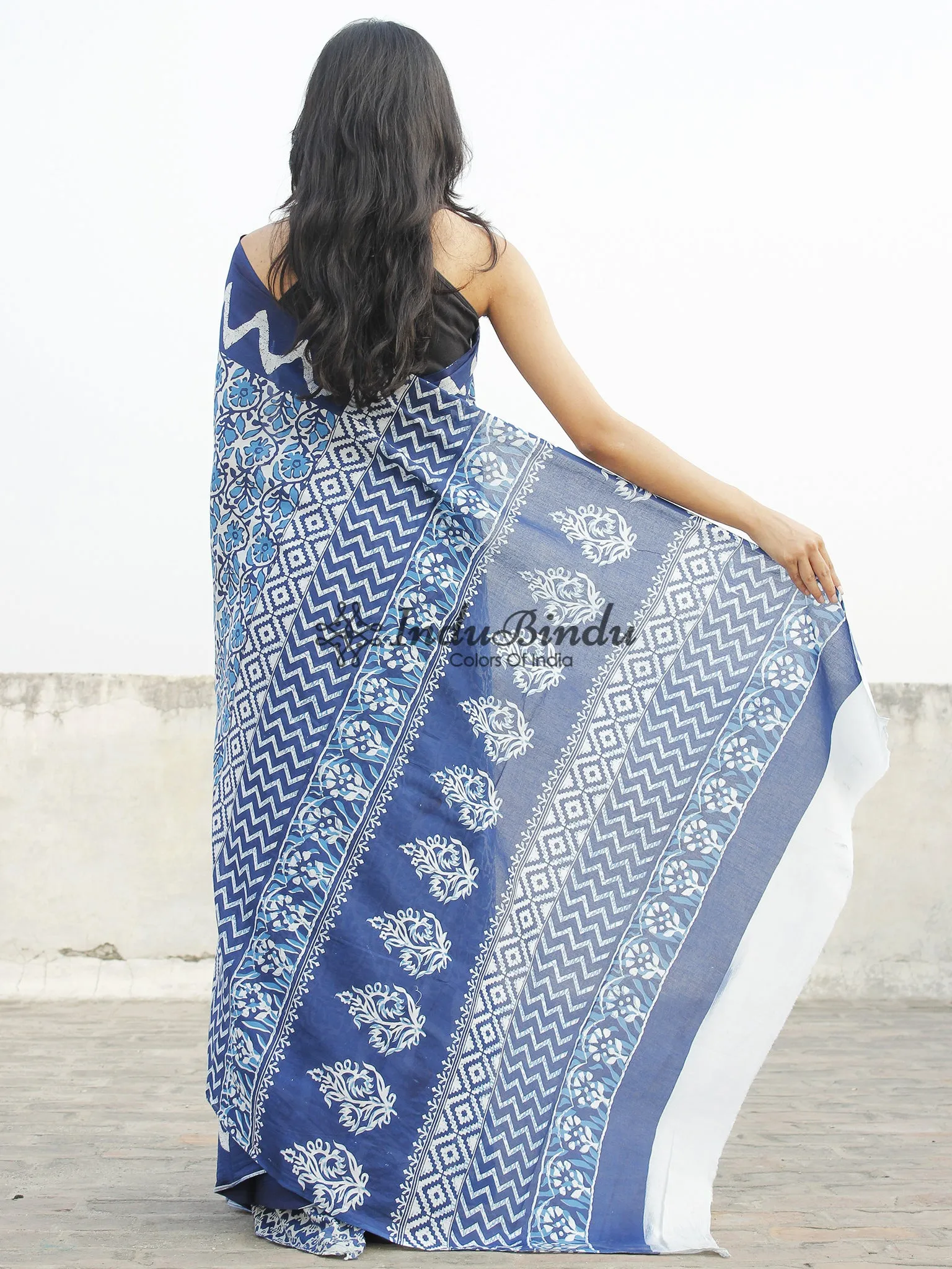 Indigo Blue White Hand Block Printed Cotton Saree In Natural Colors - S031702356